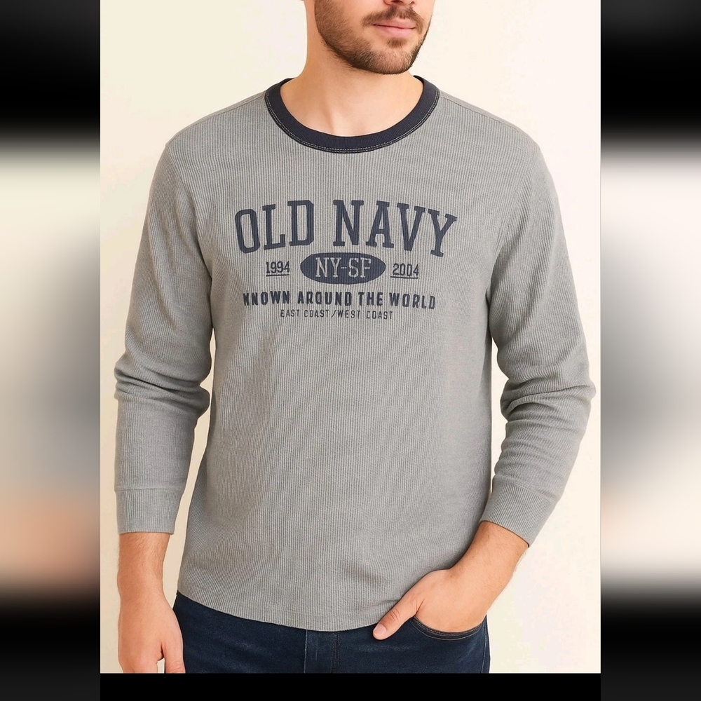 Old Navy Men’s Thermal Long Sleeve Shirt Gray Waffle Knit Crewneck XL NY-SF